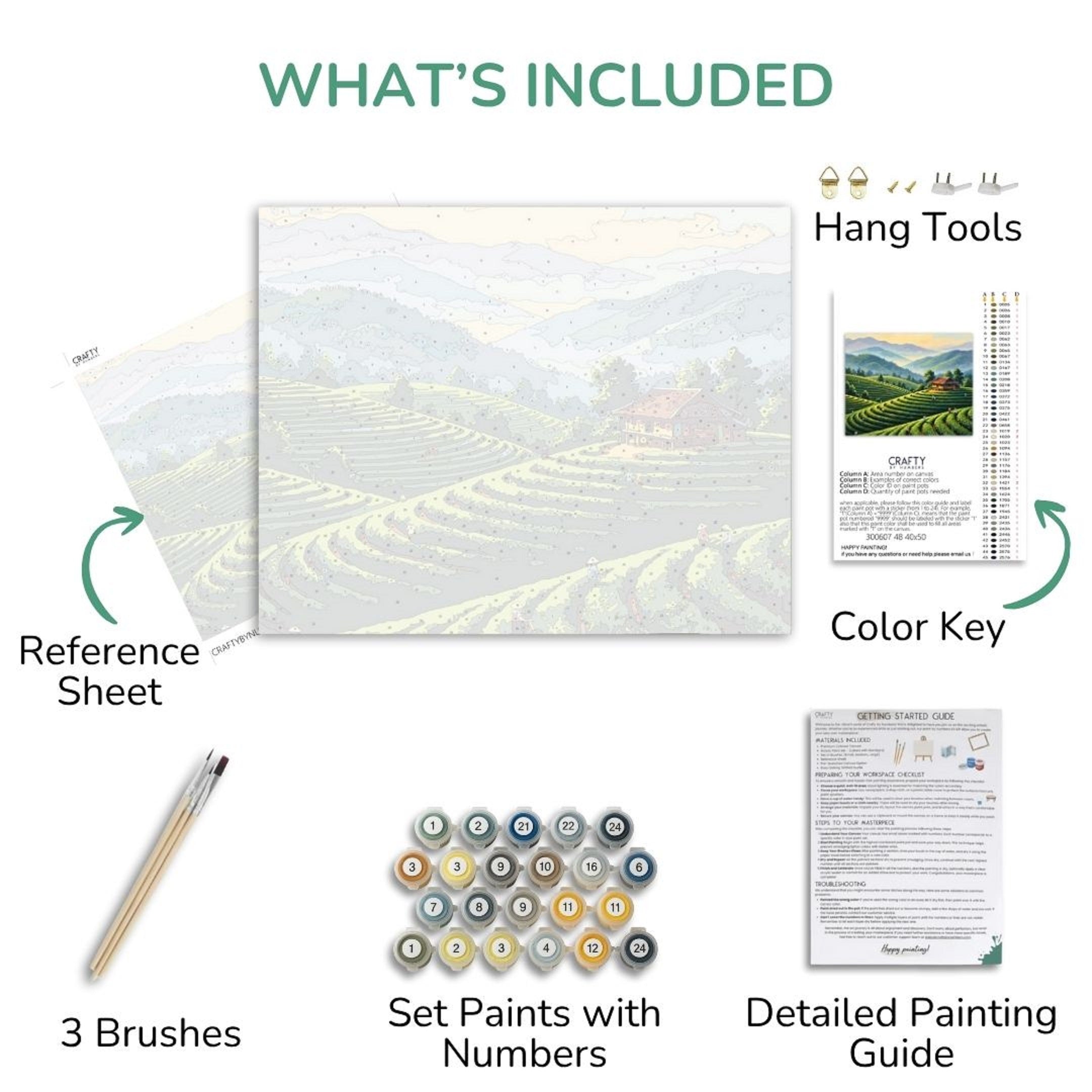 Artistic painting kit components including a reference sheet, brushes, paint set, color key, and detailed painting guide.