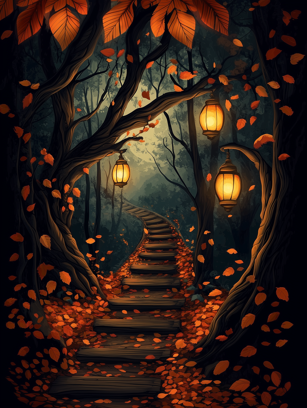 A paint-by-numbers kit depicting a winding forest path with lanterns and autumn leaves.
