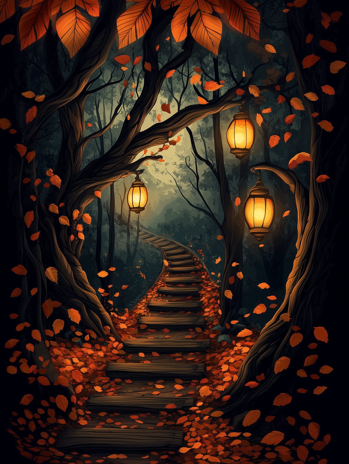 Un kit de peinture par numéros représentant un chemin forestier sinueux avec des lanternes et des feuilles d'automne.