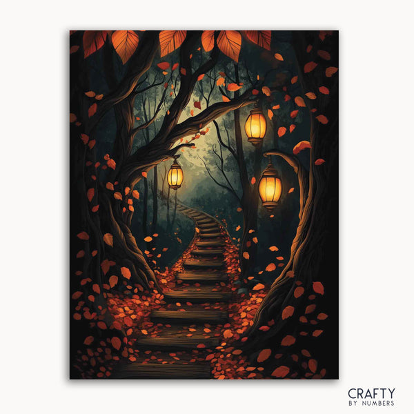 A paint-by-numbers kit depicting a dark forest path with lanterns and autumn leaves.