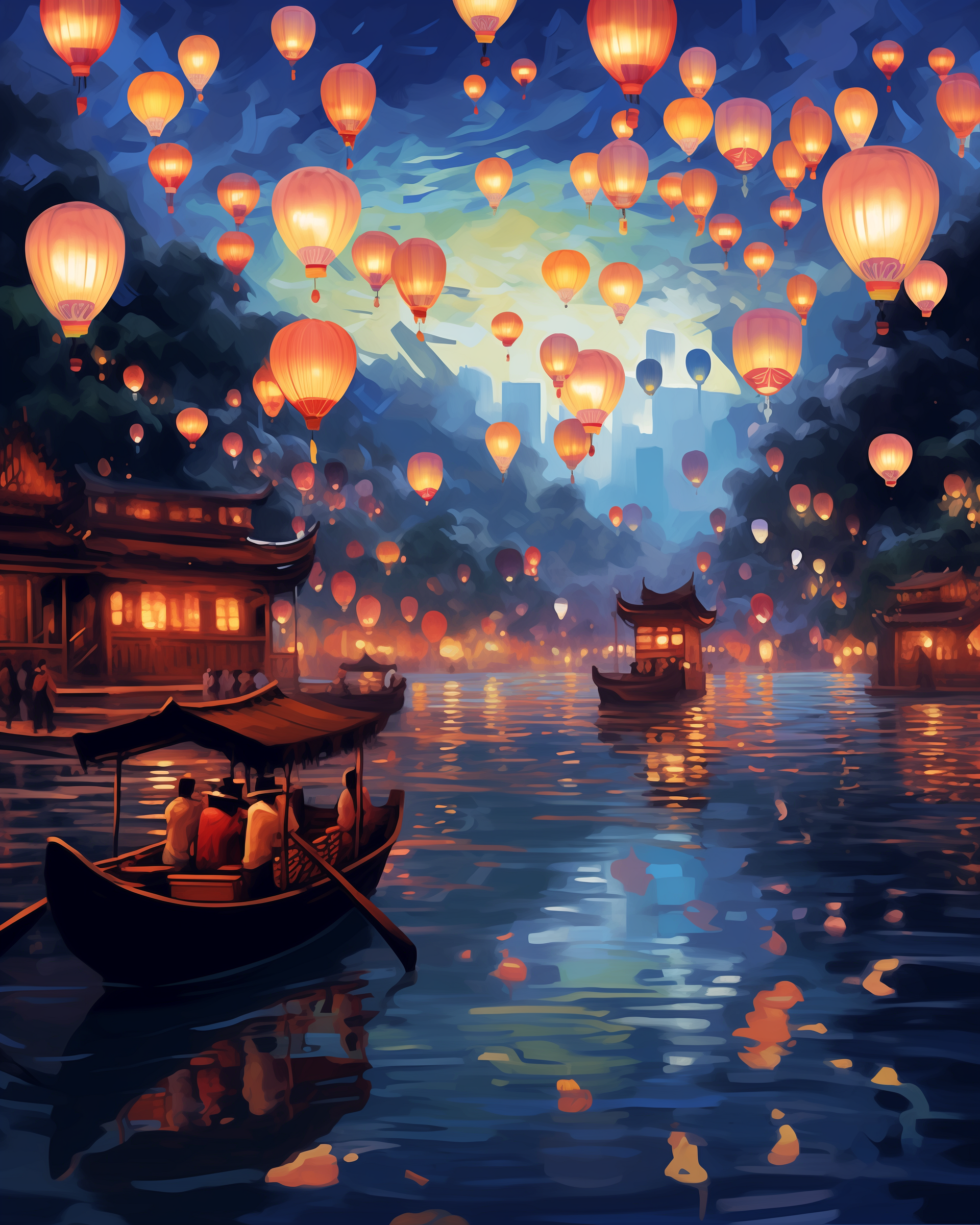 A paint by numbers kit depicting a serene evening scene with lanterns floating on water, boats, and buildings in the background.