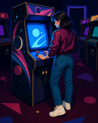 A person playing a glowing arcade machine in a dark room with purple and blue accents.