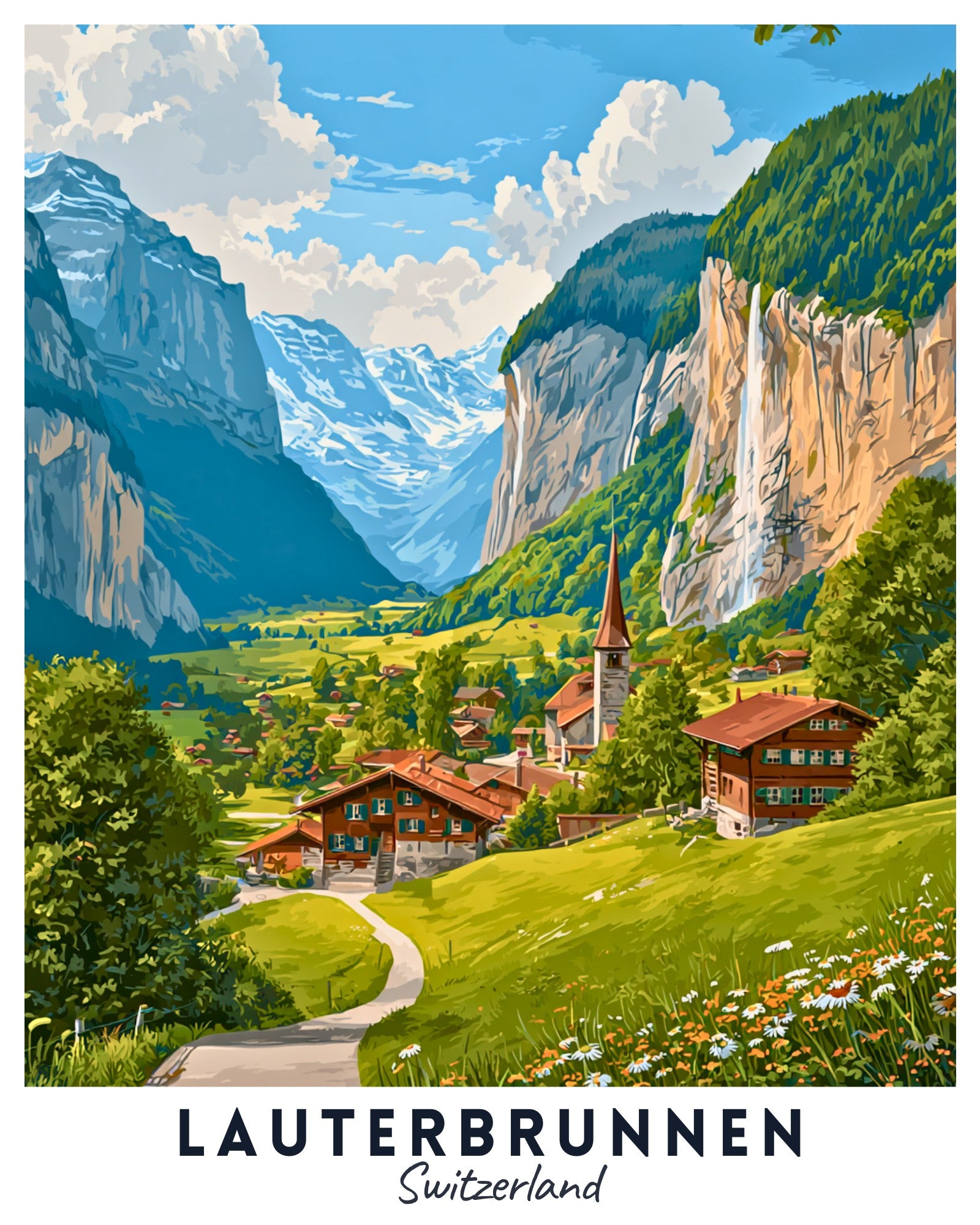 Scenic view of Lauterbrunnen, Switzerland with mountains and a village.