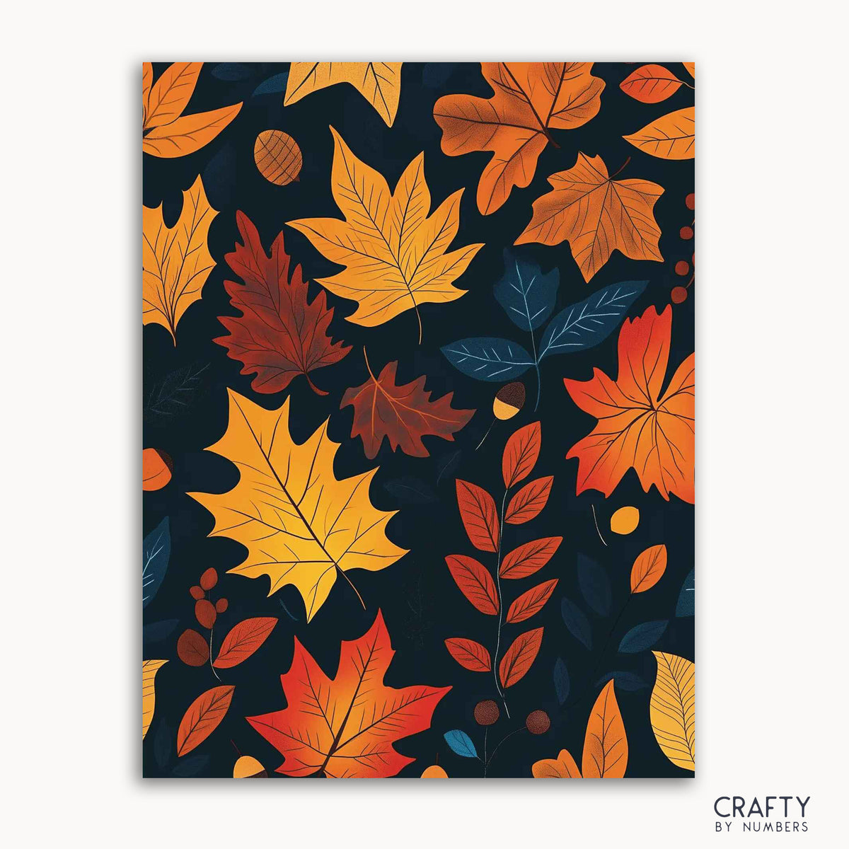 Eine Malen-nach-Zahlen-Leinwand mit einem Muster aus leuchtenden Herbstblättern in Gold, Purpur und Orange vor einem dunklen Hintergrund, beschriftet mit „CRAFTY BY NUMBERS“.