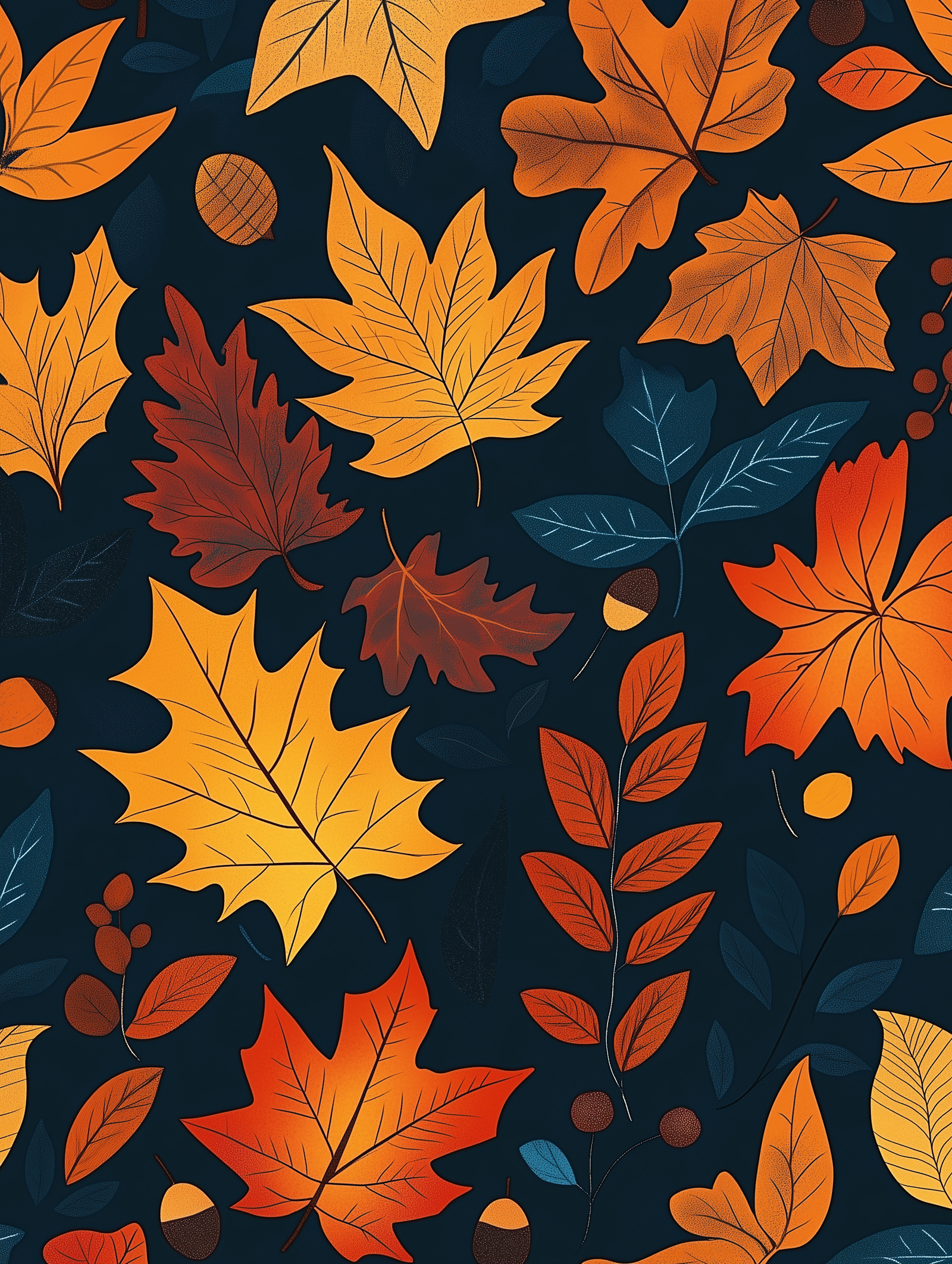 Un kit de pintura por números que representa una variedad de hojas de otoño en dorado, carmesí y naranja sobre un fondo profundo.