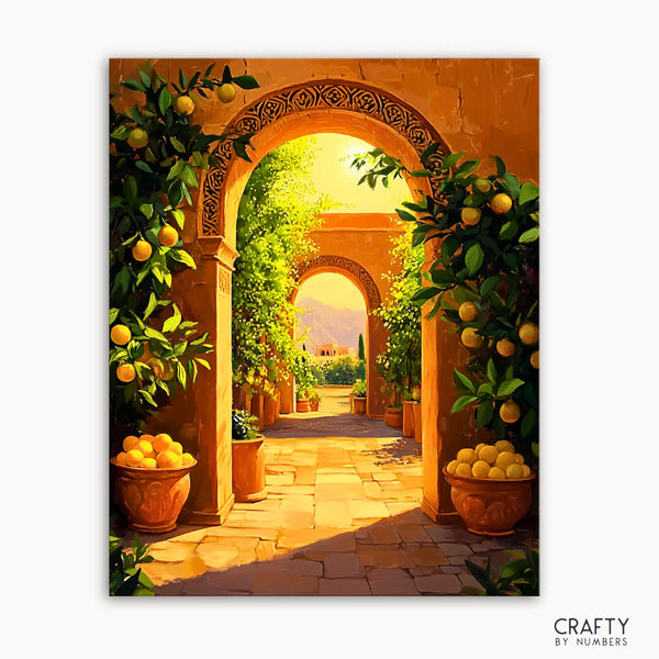 A paint by numbers kit image depicting a citrus-filled courtyard with terracotta arches and lemon trees.