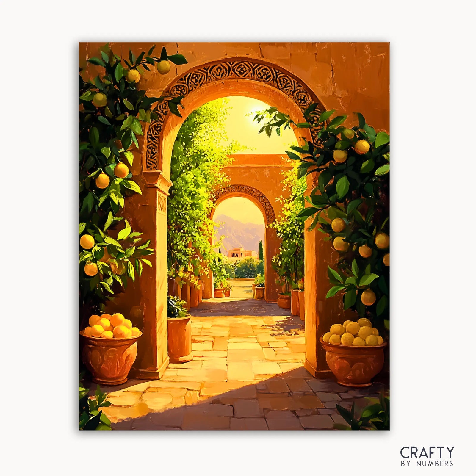 Imagen de un kit de pintura por números que representa un patio lleno de cítricos con arcos de terracota y limoneros.