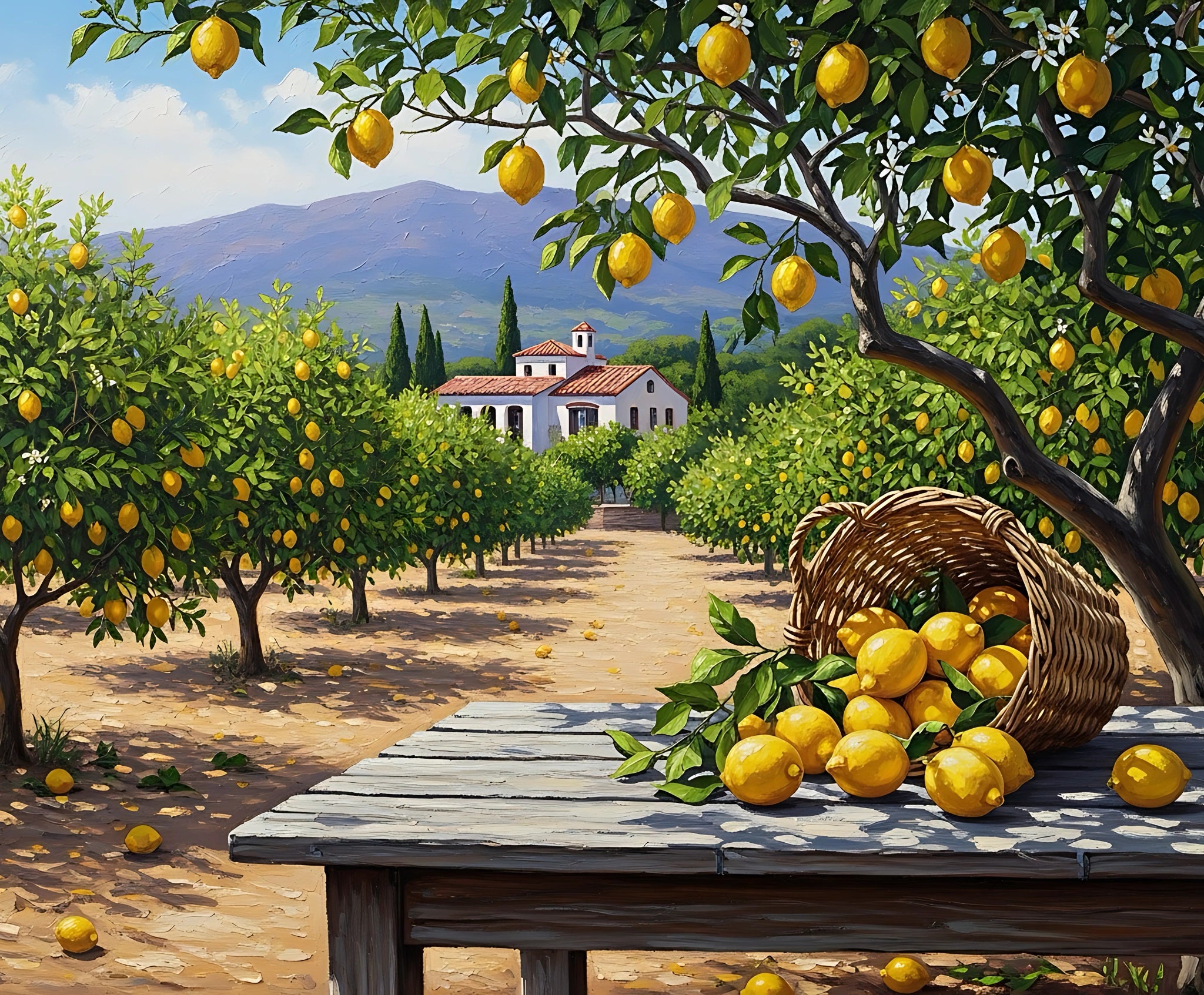 Orchard with lemon trees and a table laden with lemons, with mountains in the background.