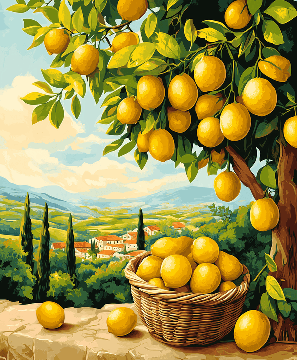 A paint-by-numbers kit depicting a vibrant scene with lemons hanging from a tree and a basket filled with lemons on a bench, set against a backdrop of a lush green landscape and blue sky.