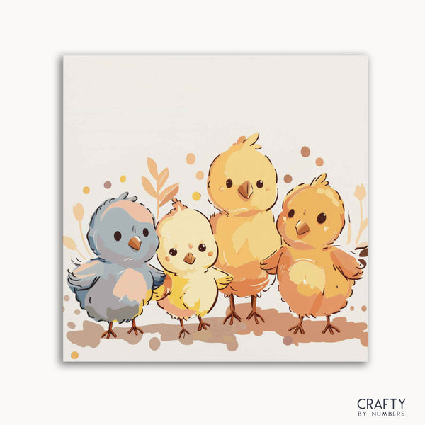 A paint by numbers kit depicting a parade of colorful chicks on a white background.