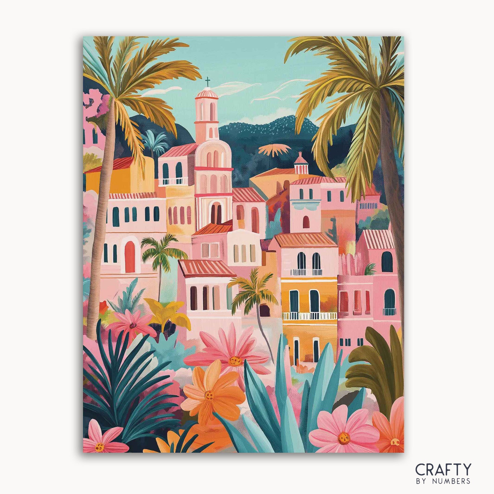 Una imagen de kit de pintura por números que presenta una vibrante representación artística de un camino con flores, casas y árboles coloridos.