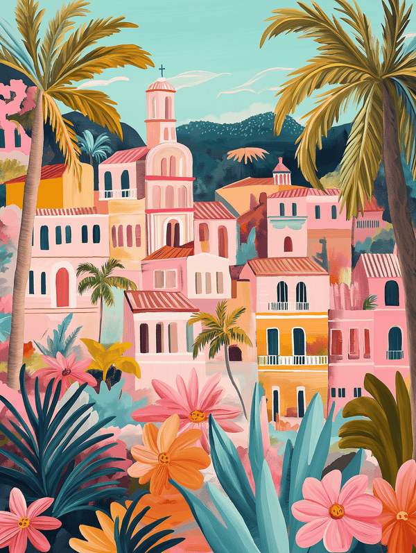 A vibrant paint-by-numbers kit depicting a village with colorful buildings and a pathway surrounded by flowers and palm trees.
