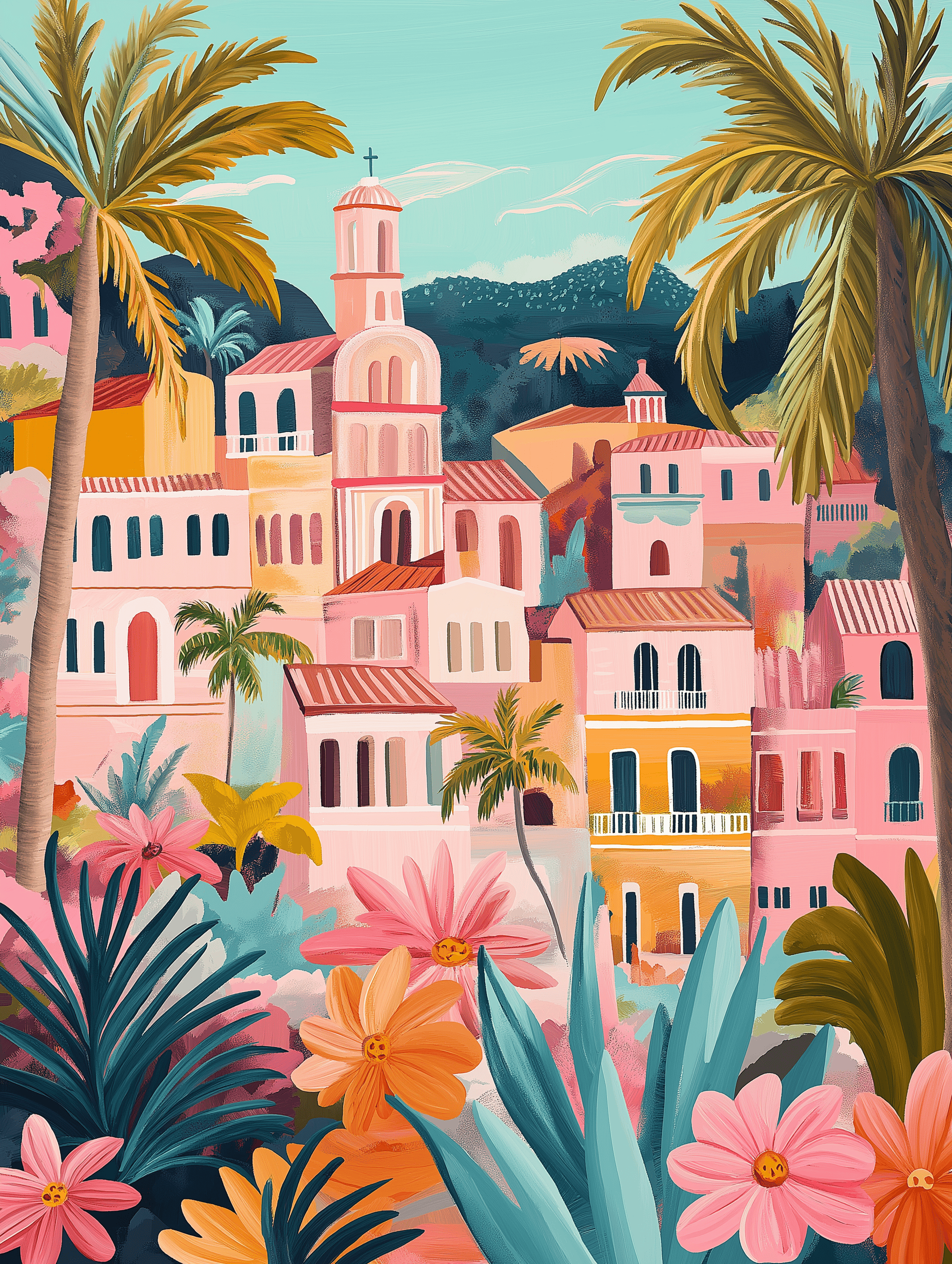 A vibrant paint-by-numbers kit depicting a village with colorful buildings and a pathway surrounded by flowers and palm trees.