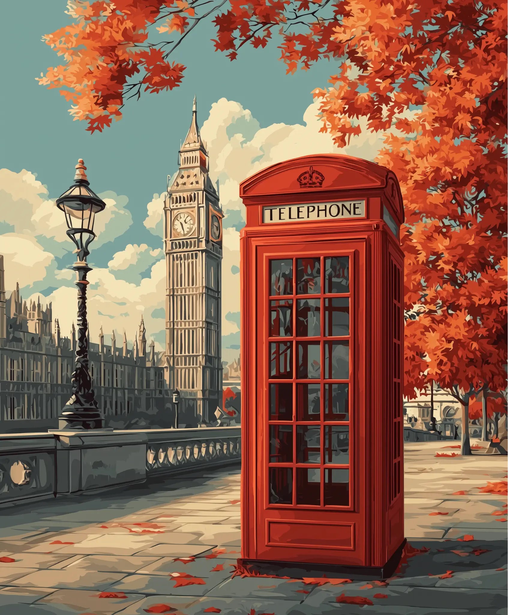 Red telephone booth with Big Ben and autumn trees in the background