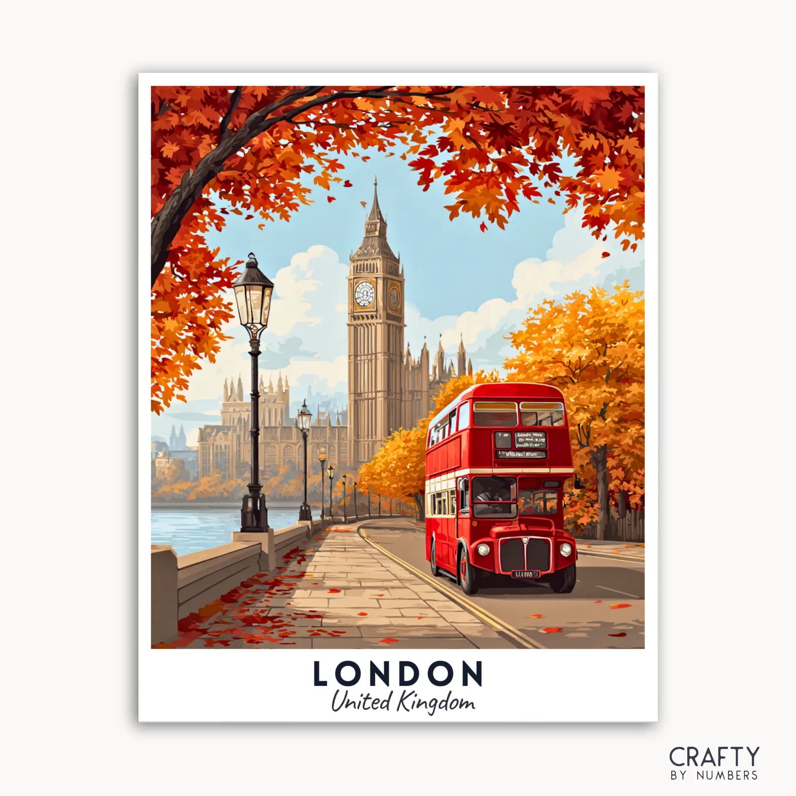 Illustration eines roten Doppeldeckerbusses vor Big Ben mit Herbstlaub, beschriftet mit „London, Vereinigtes Königreich“.