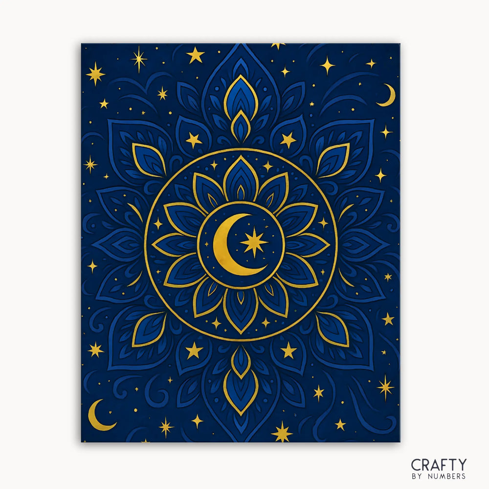 Lunar Mandala Paint by Crafty by Numbers kit featuring a celestial mandala with a crescent moon and star at the center, surrounded by intricate blue and gold patterns