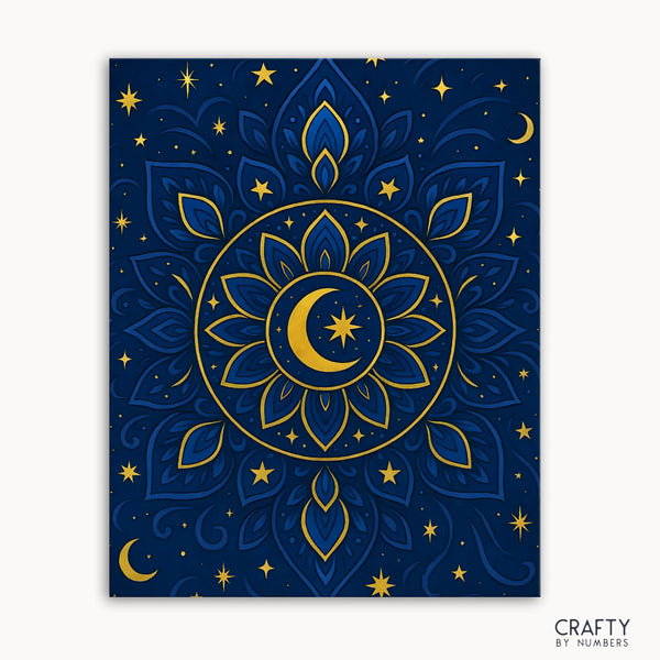Lunar Mandala Paint by Crafty by Numbers kit featuring a celestial mandala with a crescent moon and star at the center, surrounded by intricate blue and gold patterns