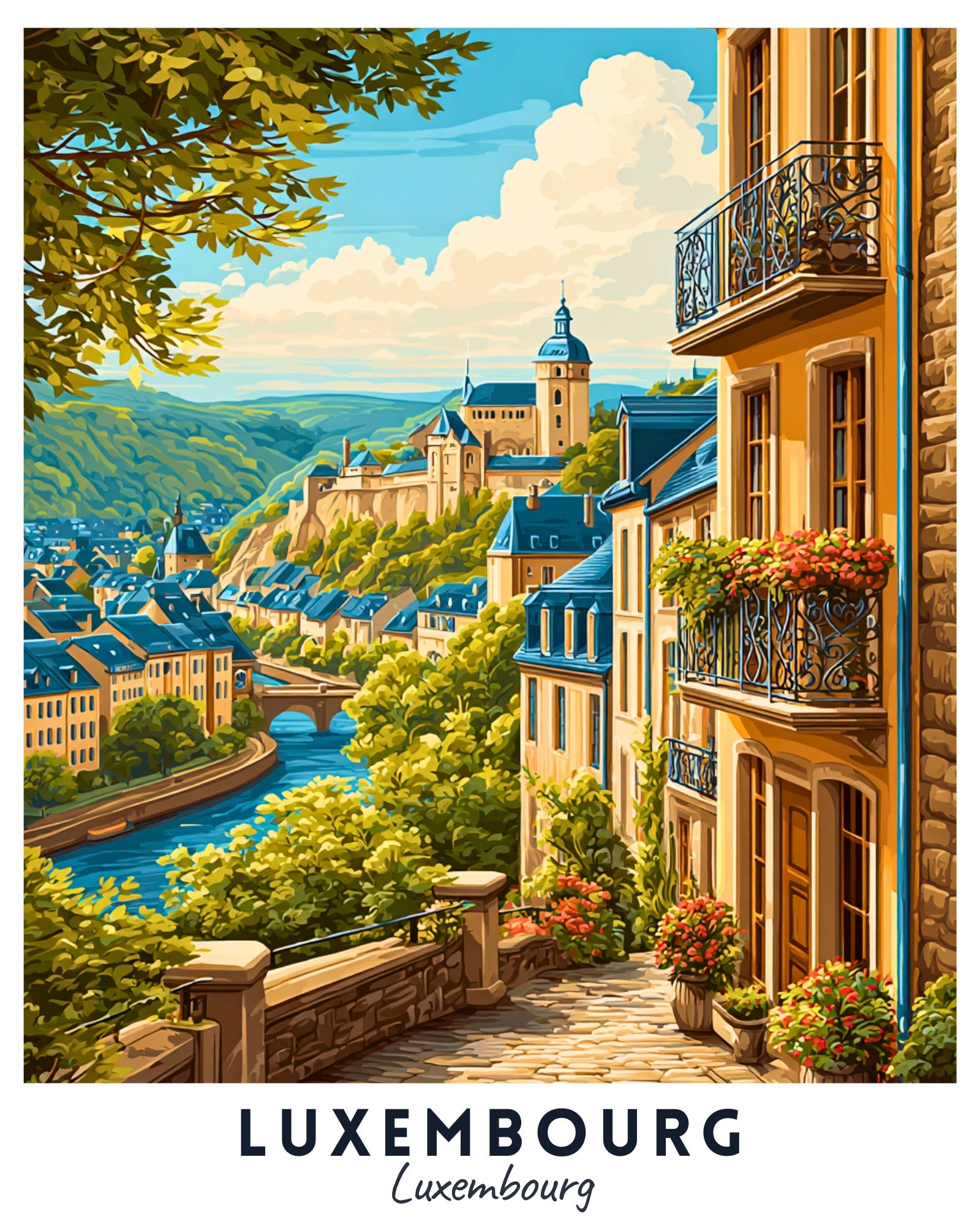 Painting of Luxembourg cityscape with buildings, trees, and a river.