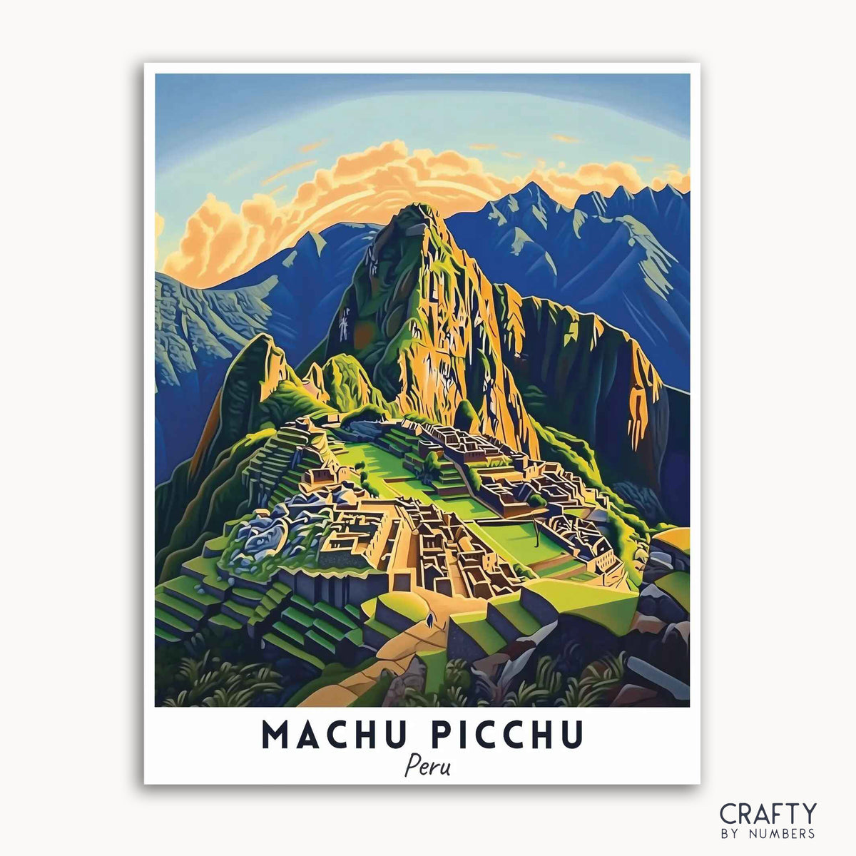 Ein Reiseplakat, das Machu Picchu, Peru, mit der ikonischen Inka-Zitadelle zeigt, umgeben von steilen Bergen, getaucht in goldenes Sonnenlicht.