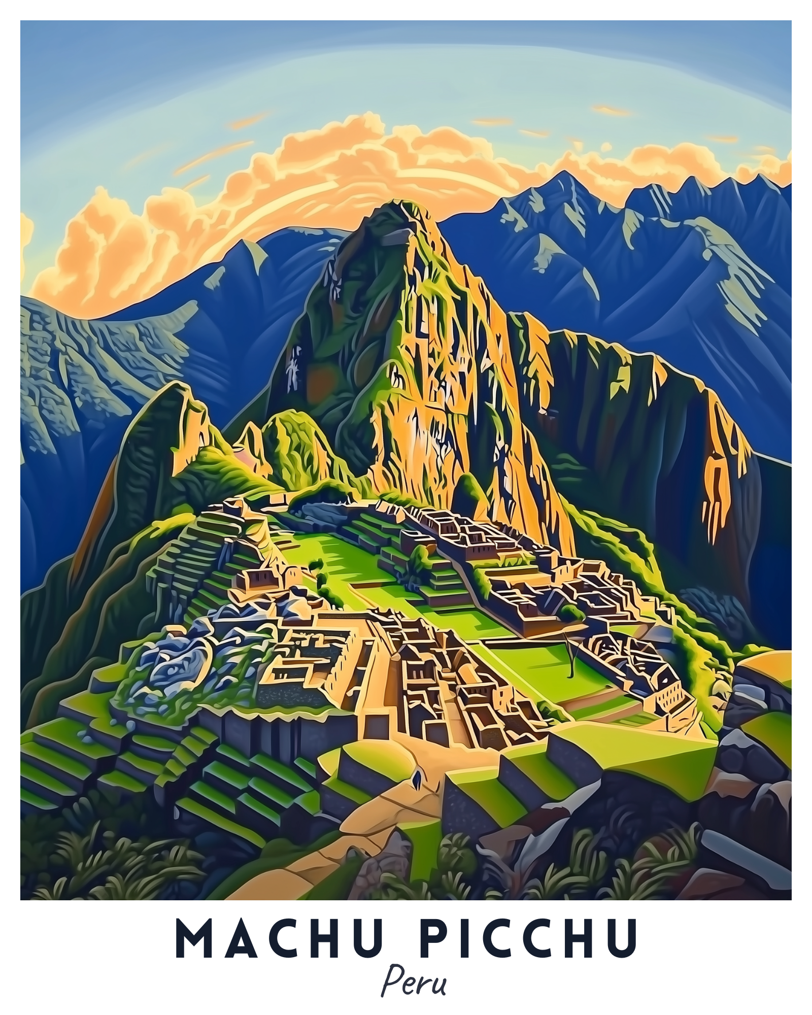 A paint by numbers kit depicting Machu Picchu, with a mountain range and a city built on its side, primarily in green, yellow, and blue colors.