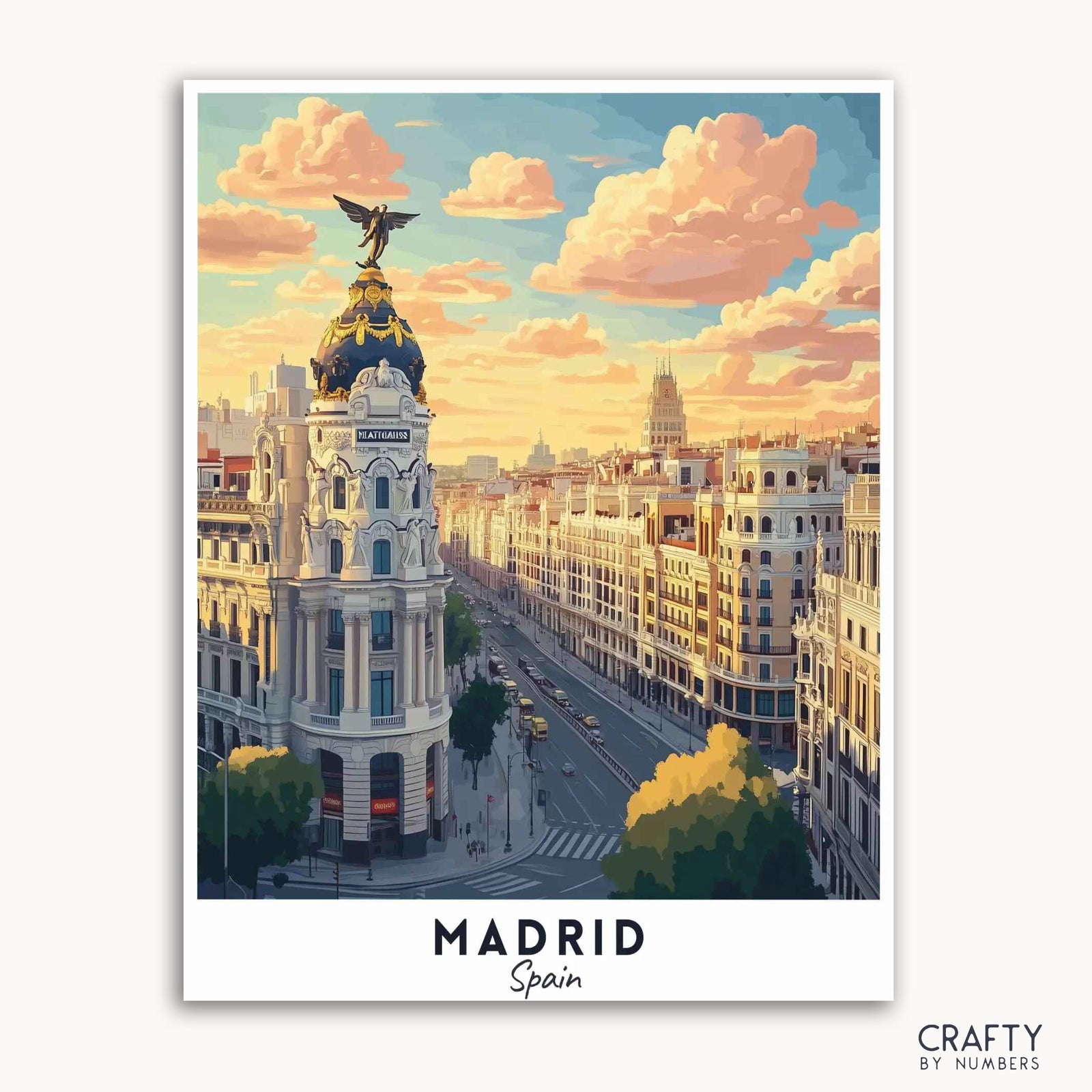 A travel poster depicting the Metropolis Building in Madrid, Spain, with a vibrant cityscape and sunset in the background.