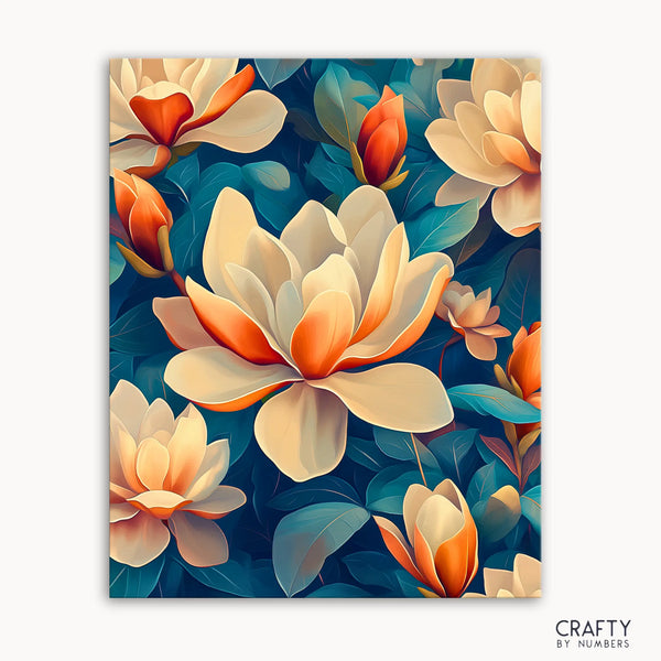 A framed canvas with a floral pattern, predominantly featuring orange and green colors, representing a paint by numbers kit.