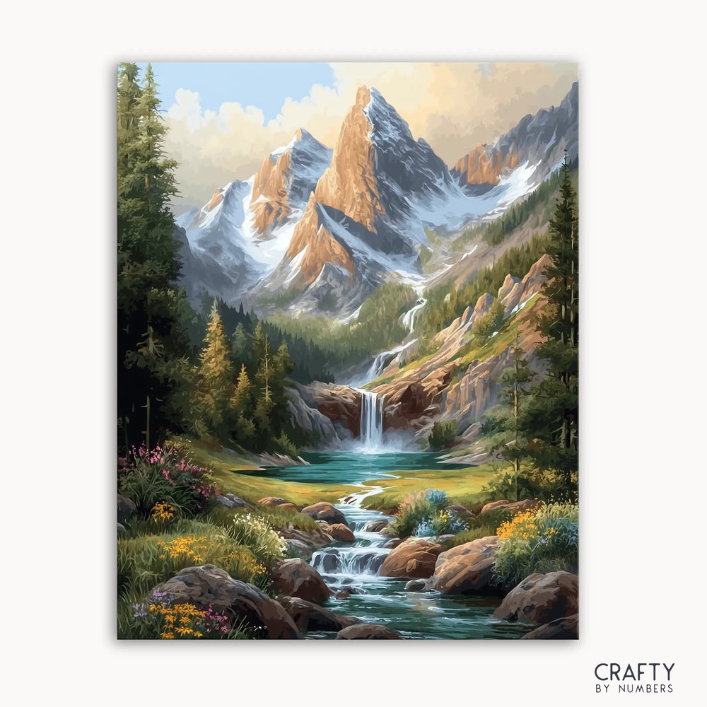 A vibrant painting depicting a mountain landscape with snow-capped peaks, a waterfall, clear stream, and colorful wildflower meadows.
