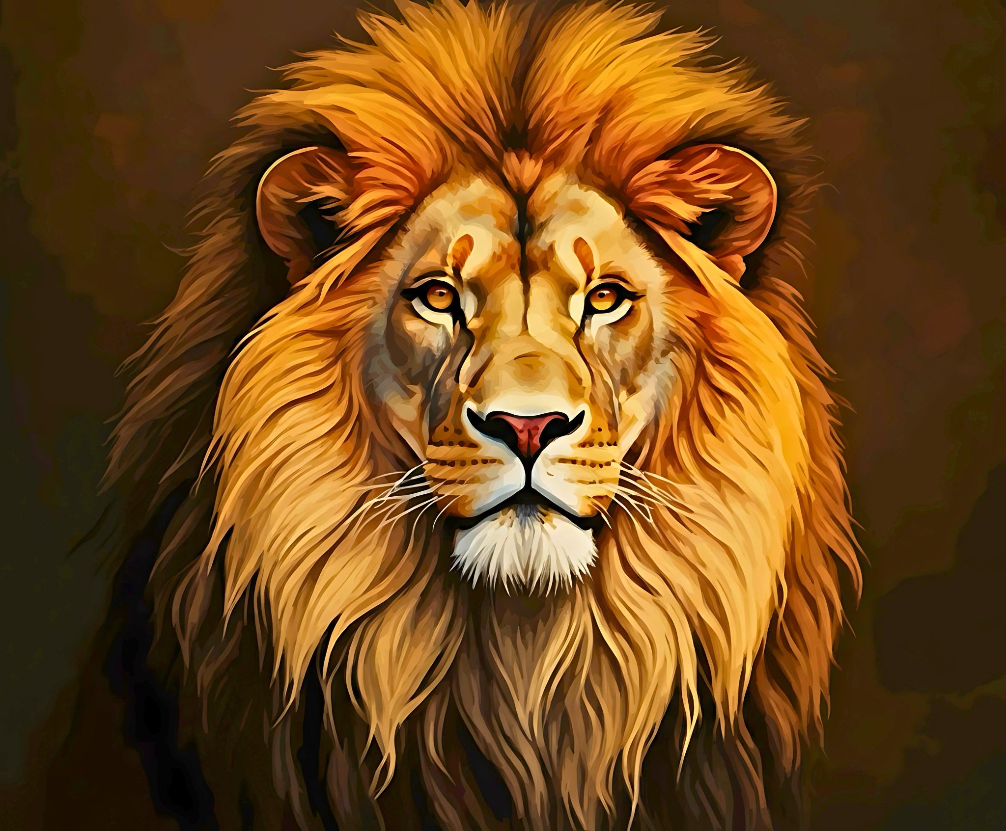 Close-up of a lion's face with a dark brown background