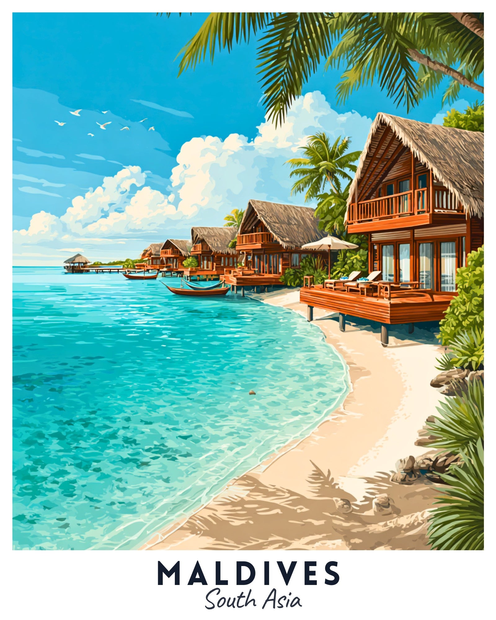 Illustration of tropical beach with wooden huts and clear blue water, labeled 'Maldives South Asia'.