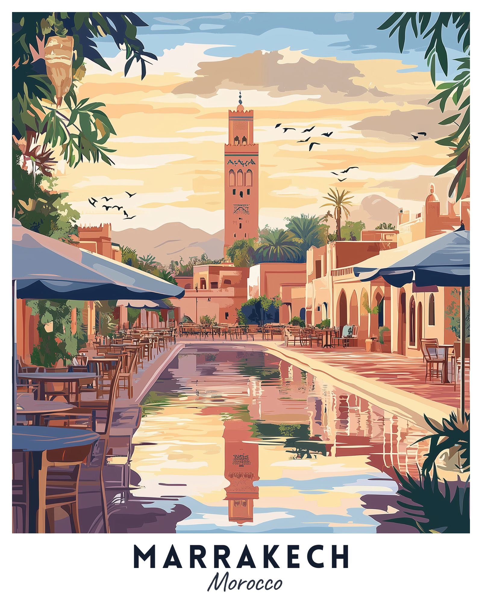 A paint by numbers kit depicting a vibrant scene of Marrakech, Morocco, with the Koutoubia Mosque and a lively street in the foreground.