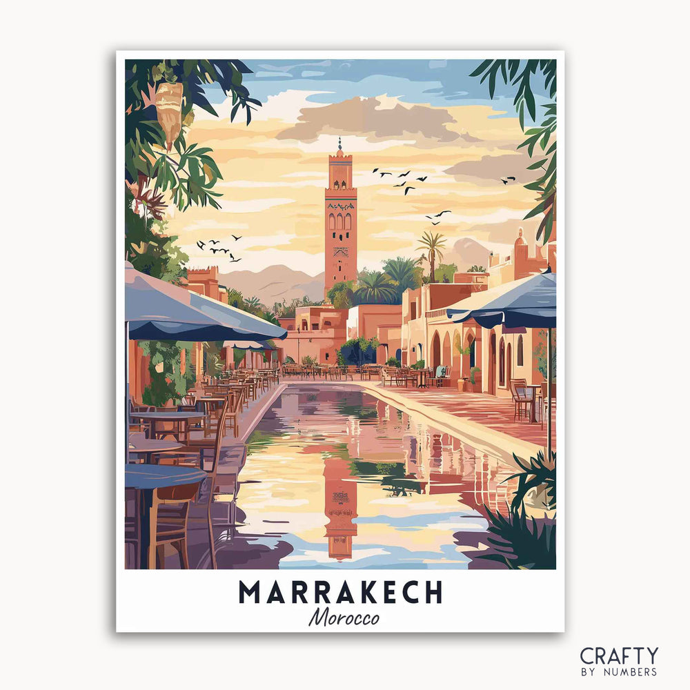 A travel poster depicting Marrakech, Morocco, with the Koutoubia Mosque and a vibrant sunset reflecting in a pool, surrounded by palm trees and market stalls.