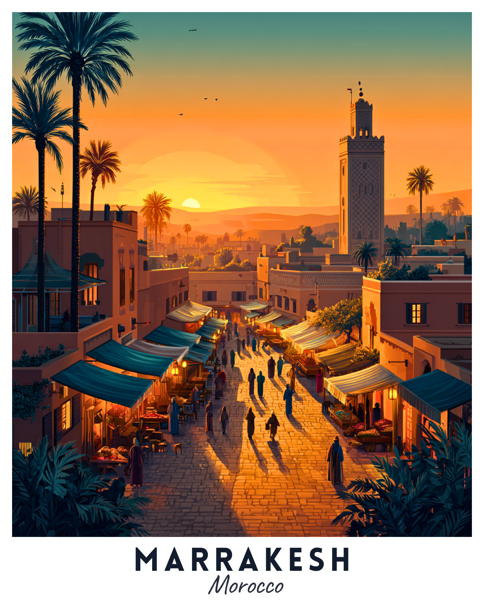 Illustration of a street scene in Marrakesh, Morocco with sunset and palm trees.