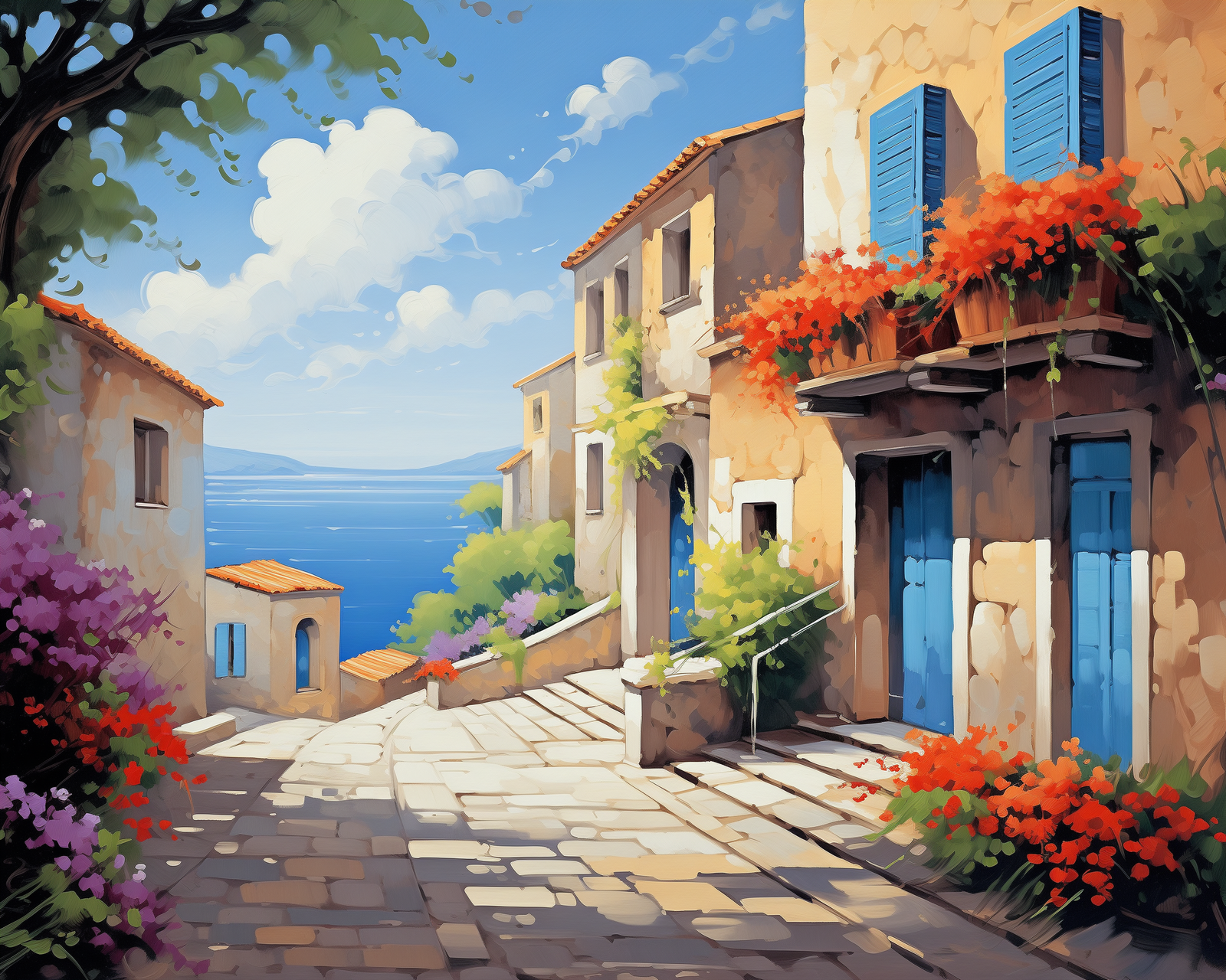 A paint by numbers kit depicting a vibrant coastal village scene with Mediterranean architecture and sun-drenched cobblestone streets.