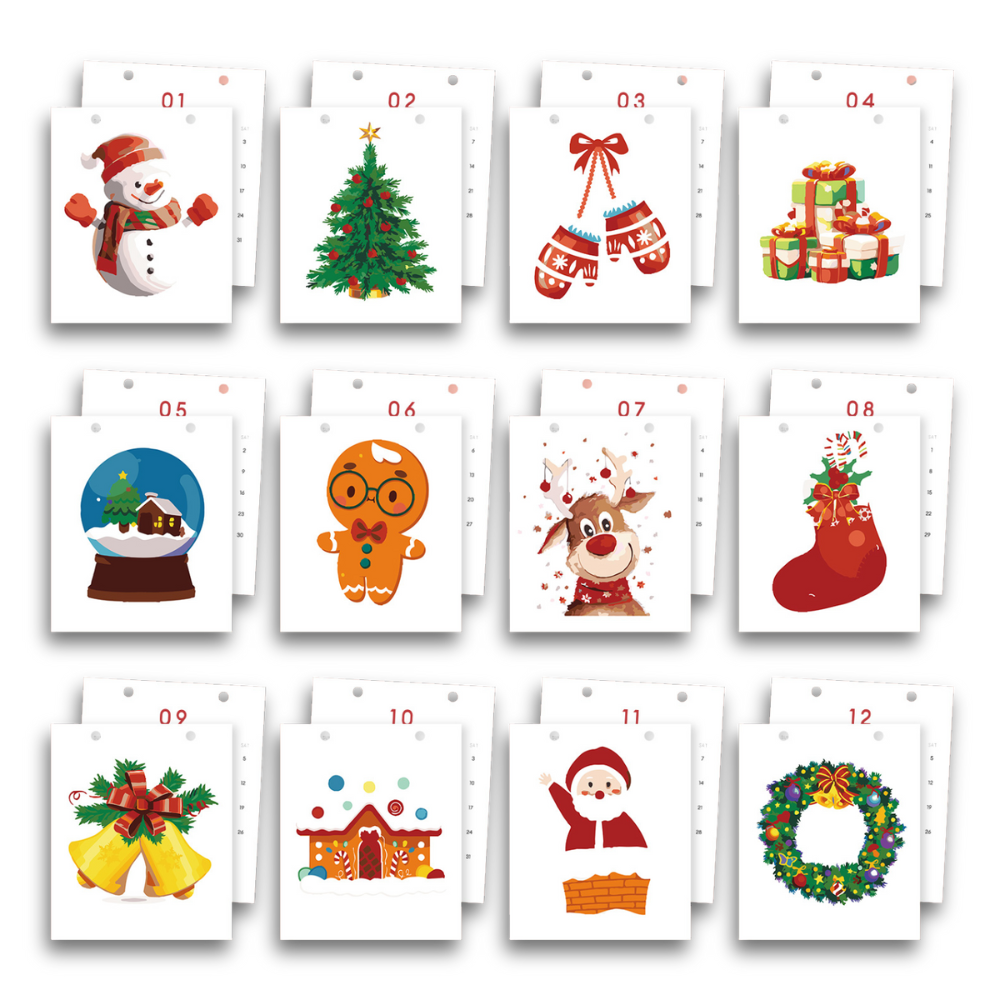  Adventskalender mit Cartoon-Illustrationen auf weißem Hintergrund