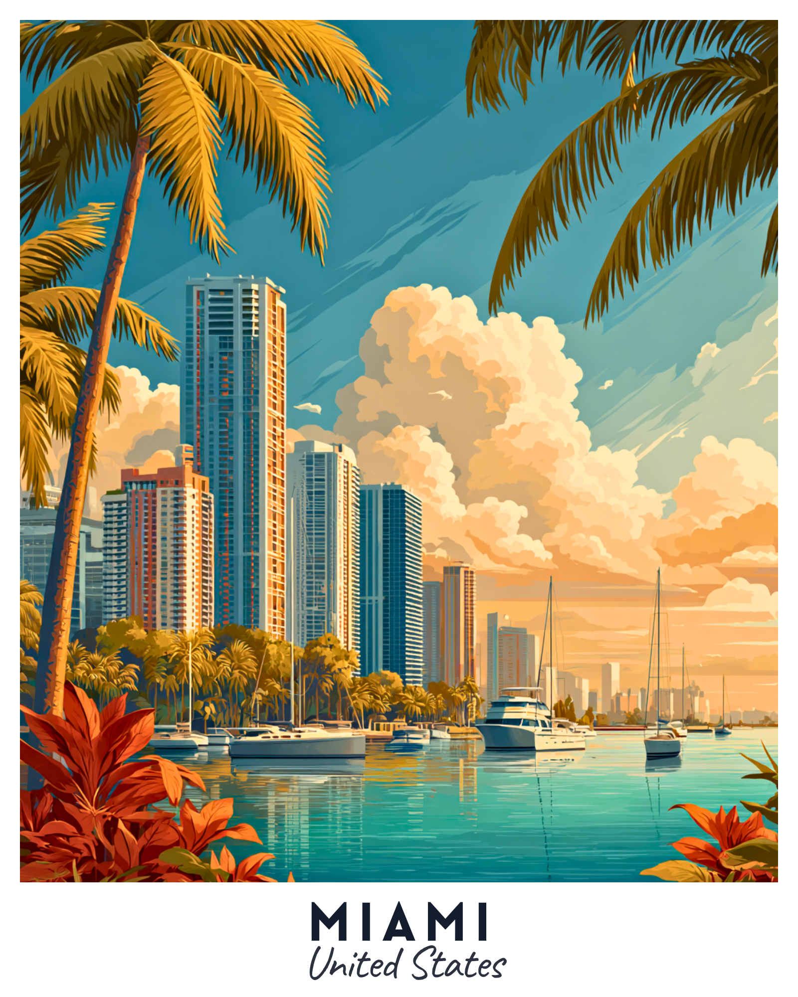 Miami skyline with palm trees and boats, featuring the text 'Miami United States'.