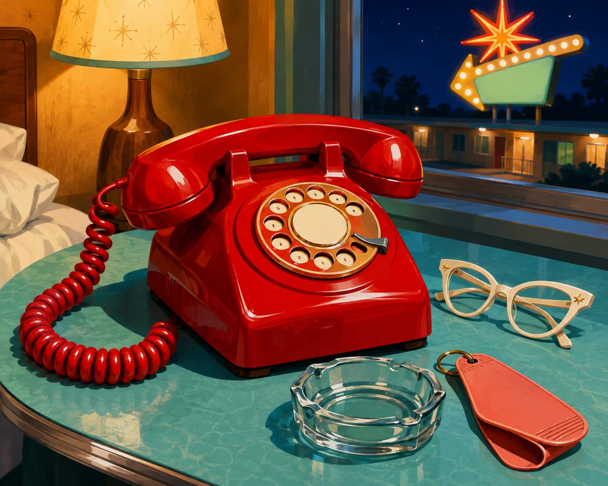 A red rotary telephone, glasses and a glass ashtray beside a motel window at night.
