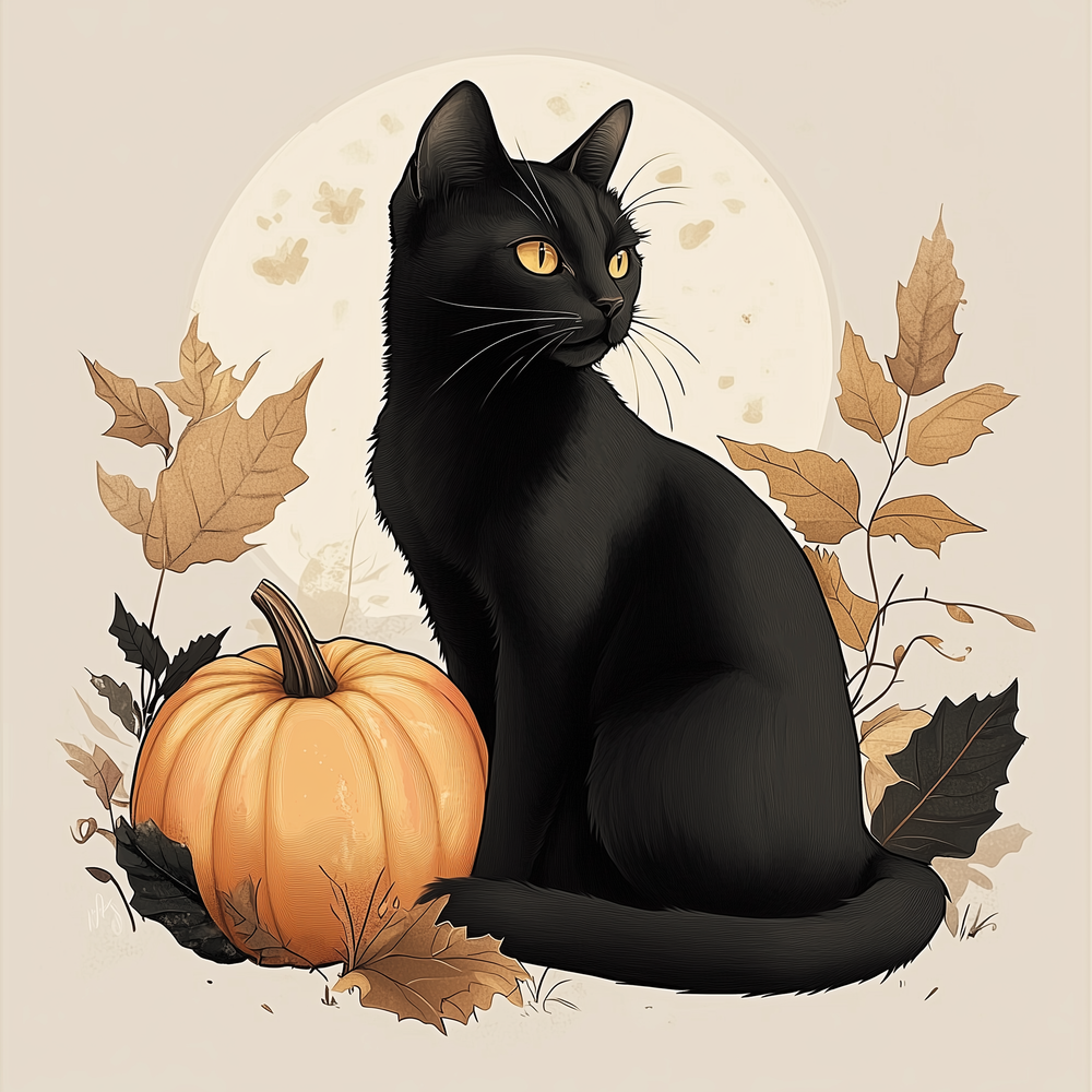 A paint-by-numbers kit depicting a black cat next to a pumpkin, with autumn leaves in the background, all framed artwork.