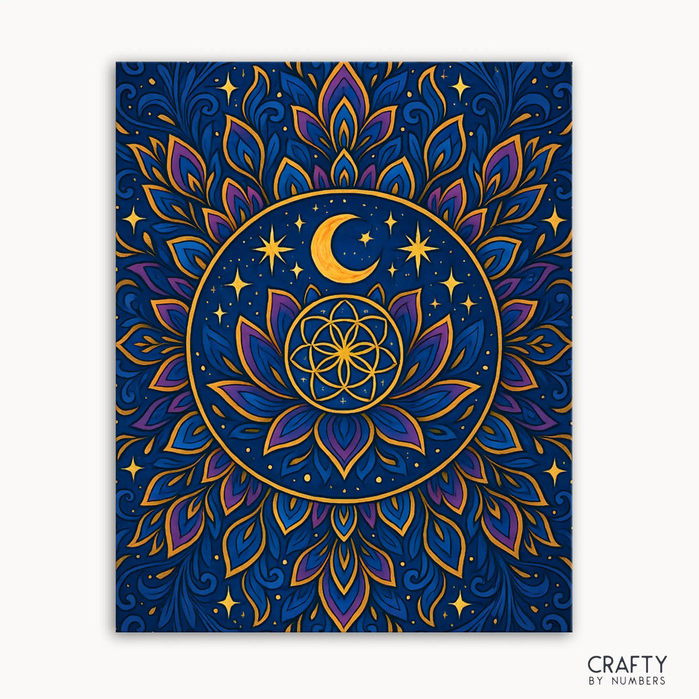 Moonlit Mandala Paint by Numbers kit featuring a celestial mandala glowing with moonlight, starlight, and golden details set against a deep indigo sky