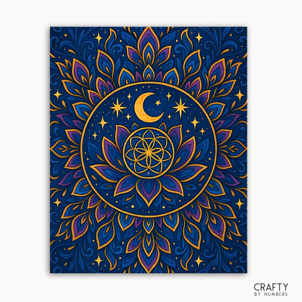 Moonlit Mandala Paint by Numbers kit featuring a celestial mandala glowing with moonlight, starlight, and golden details set against a deep indigo sky