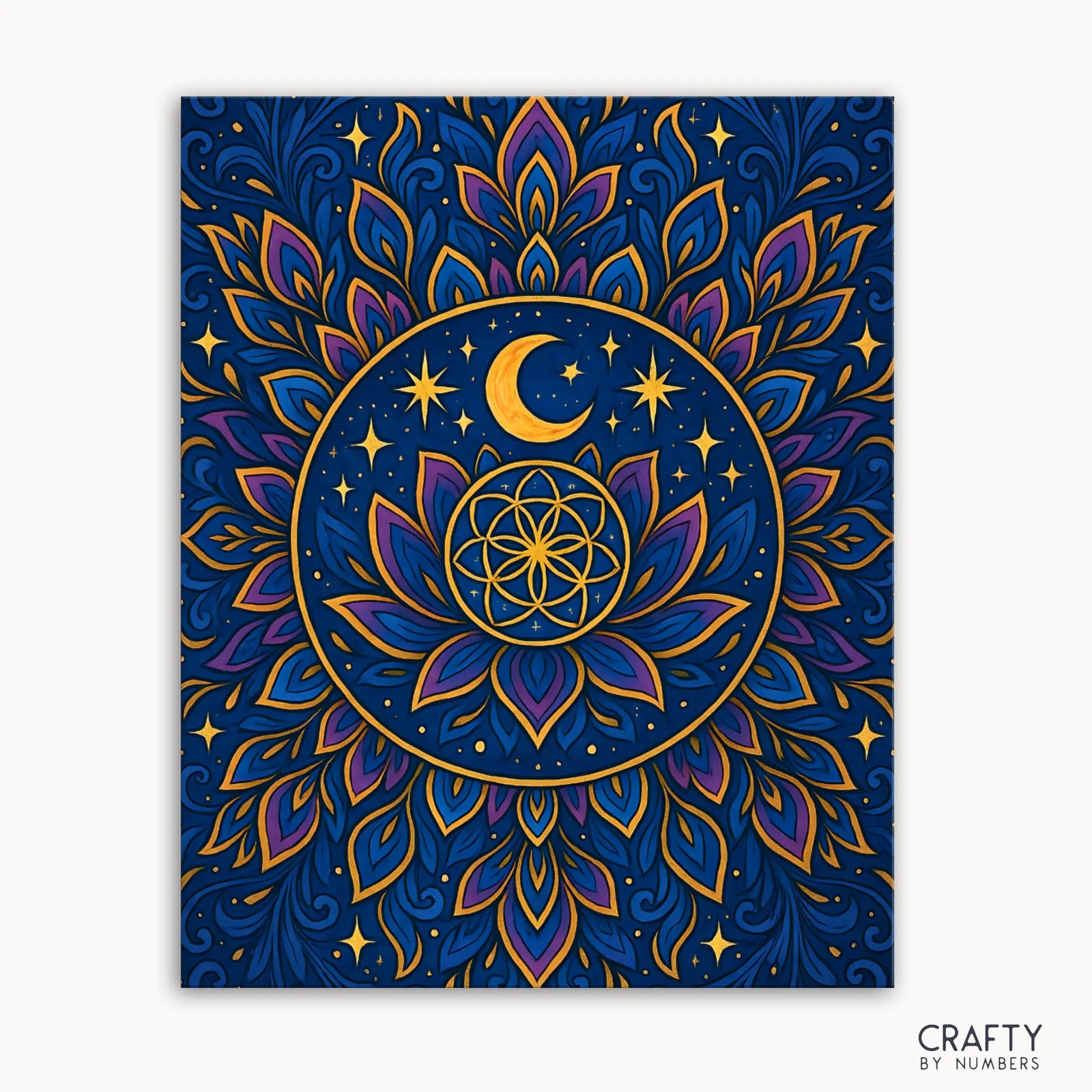 Mondschein-Mandala-Malen-nach-Zahlen-Set mit einem himmlischen Mandala, das im Mondlicht, Sternenlicht und goldenen Details vor einem tief indigoblauen Himmel leuchtet