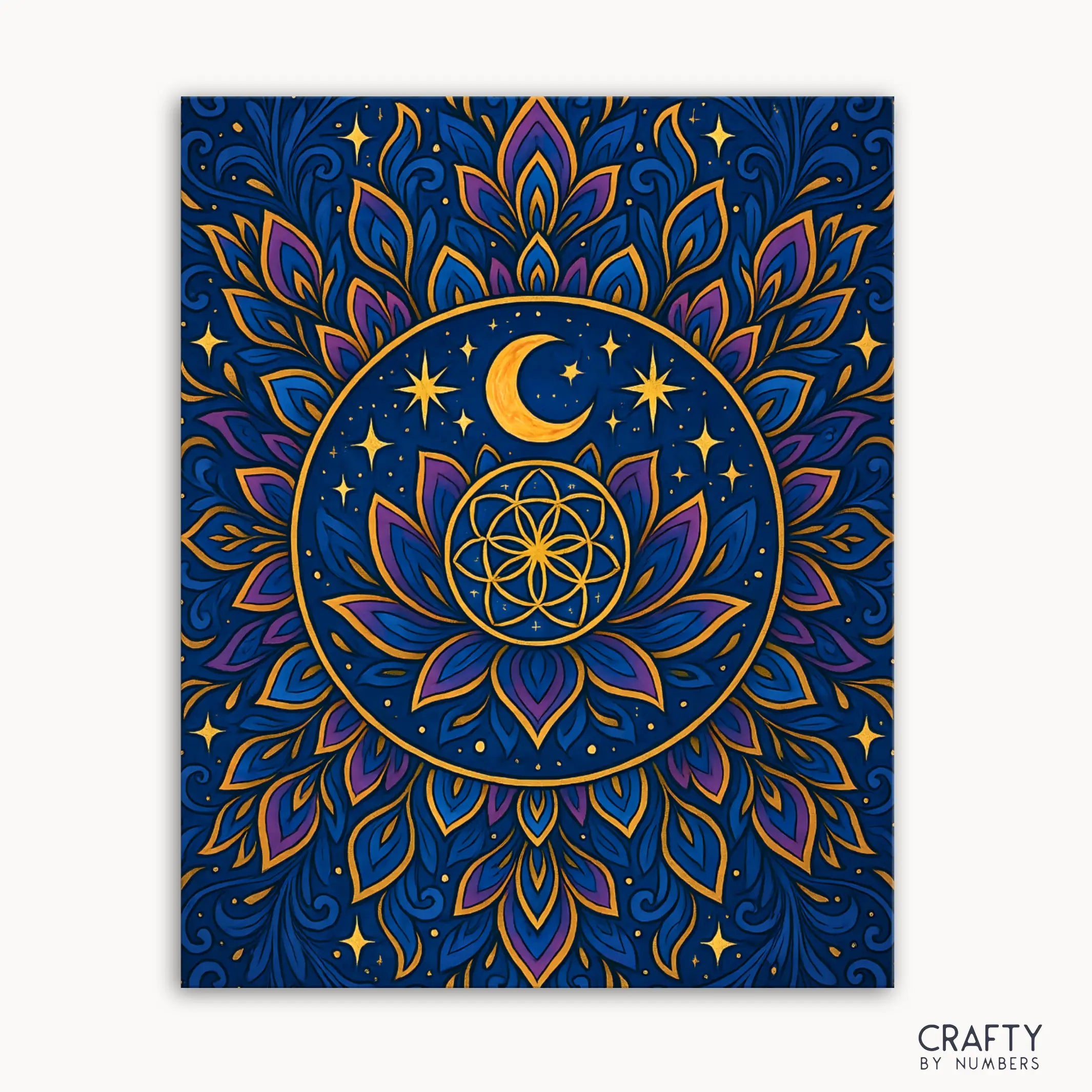 Moonlit Mandala Paint by Numbers kit featuring a celestial mandala glowing with moonlight, starlight, and golden details set against a deep indigo sky