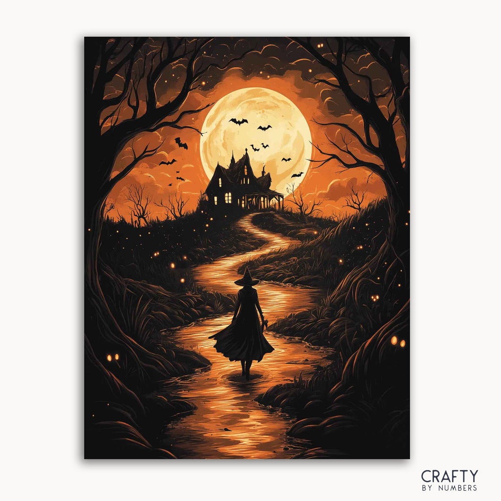 Un kit de pintura por números que representa una escena con luna llena, árboles y una figura que parece ser una bruja caminando hacia una casa encantada.