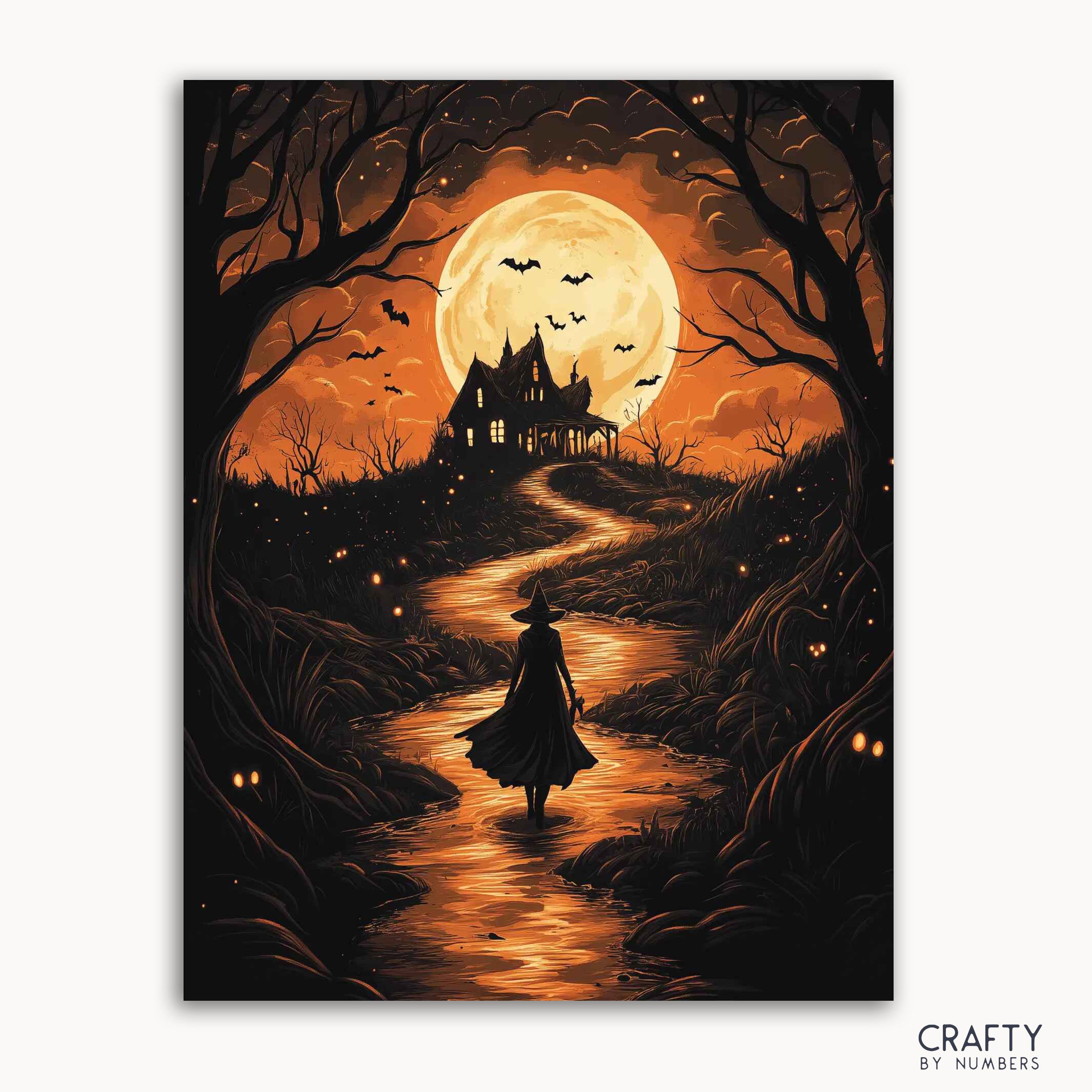 A paint by numbers kit depicting a scene with a full moon, trees, and a figure that appears to be a witch walking towards a haunted house.