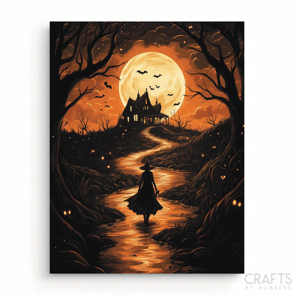 Un kit de pintura por números que representa una escena con una bruja solitaria caminando por un sendero hacia una casa encantada, iluminada por la luz de la luna llena.