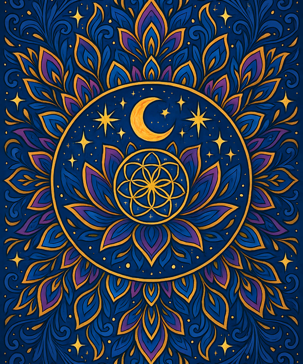 Close-up of the Moonlit Mandala linen canvas showing detailed numbered sections for easy and precise painting