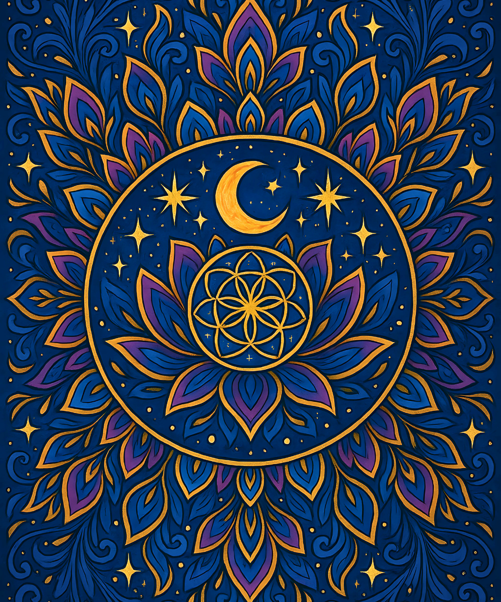 Nahaufnahme der Leinenleinwand „Moonlit Mandala“ mit detaillierten nummerierten Abschnitten für einfaches und präzises Malen