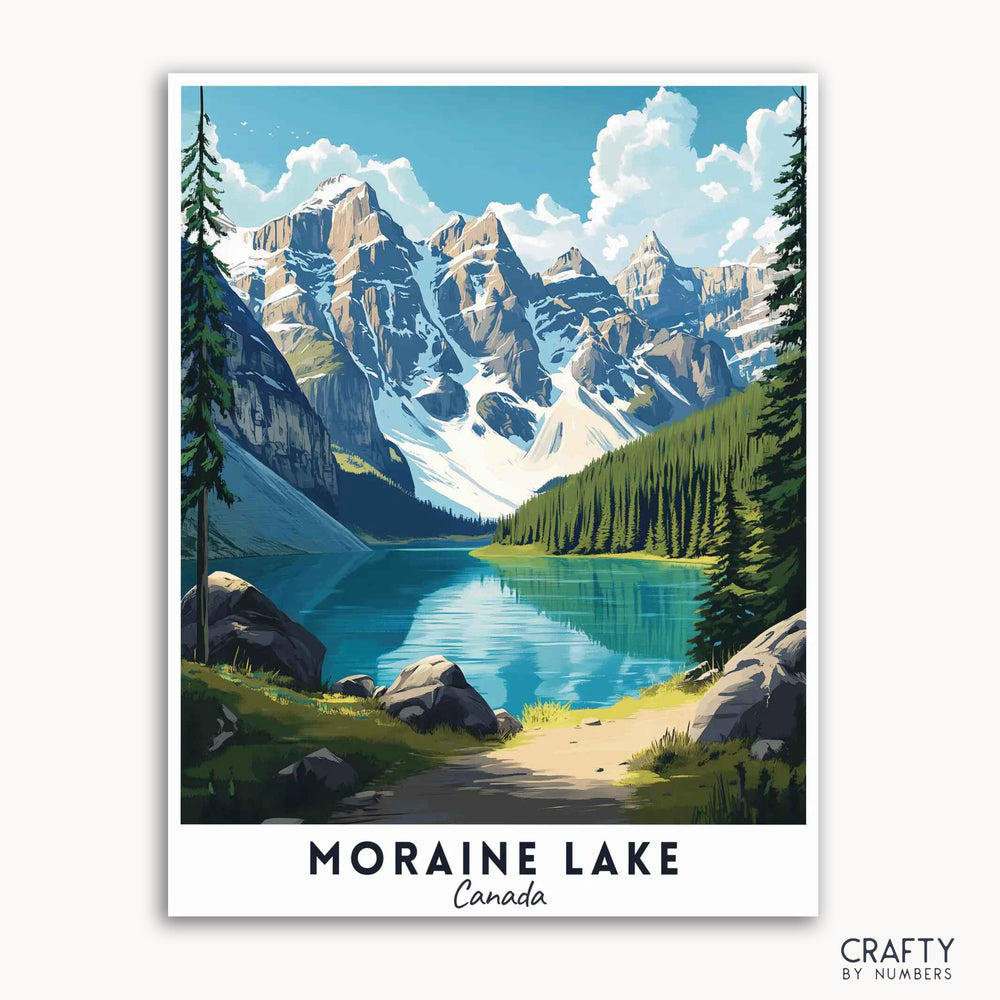 A travel poster depicting a scenic view of Moraine Lake with surrounding mountains and a clear sky.