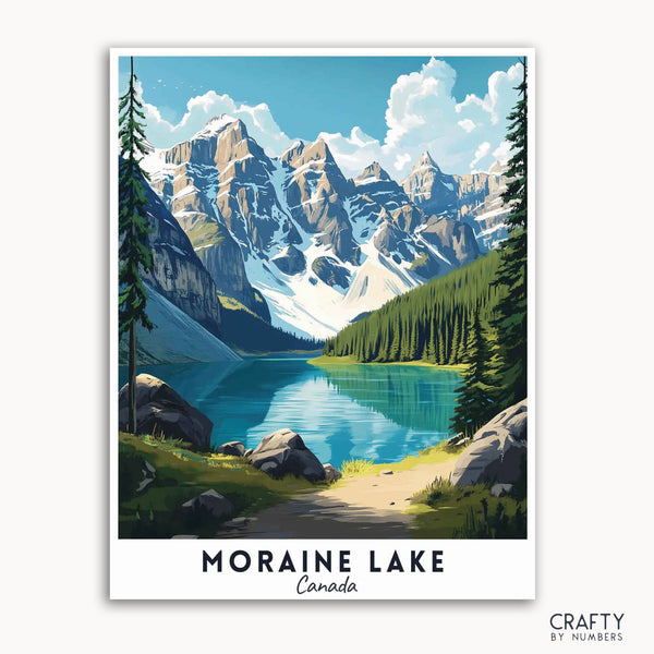 A travel poster depicting a scenic view of Moraine Lake with surrounding mountains and a clear sky.