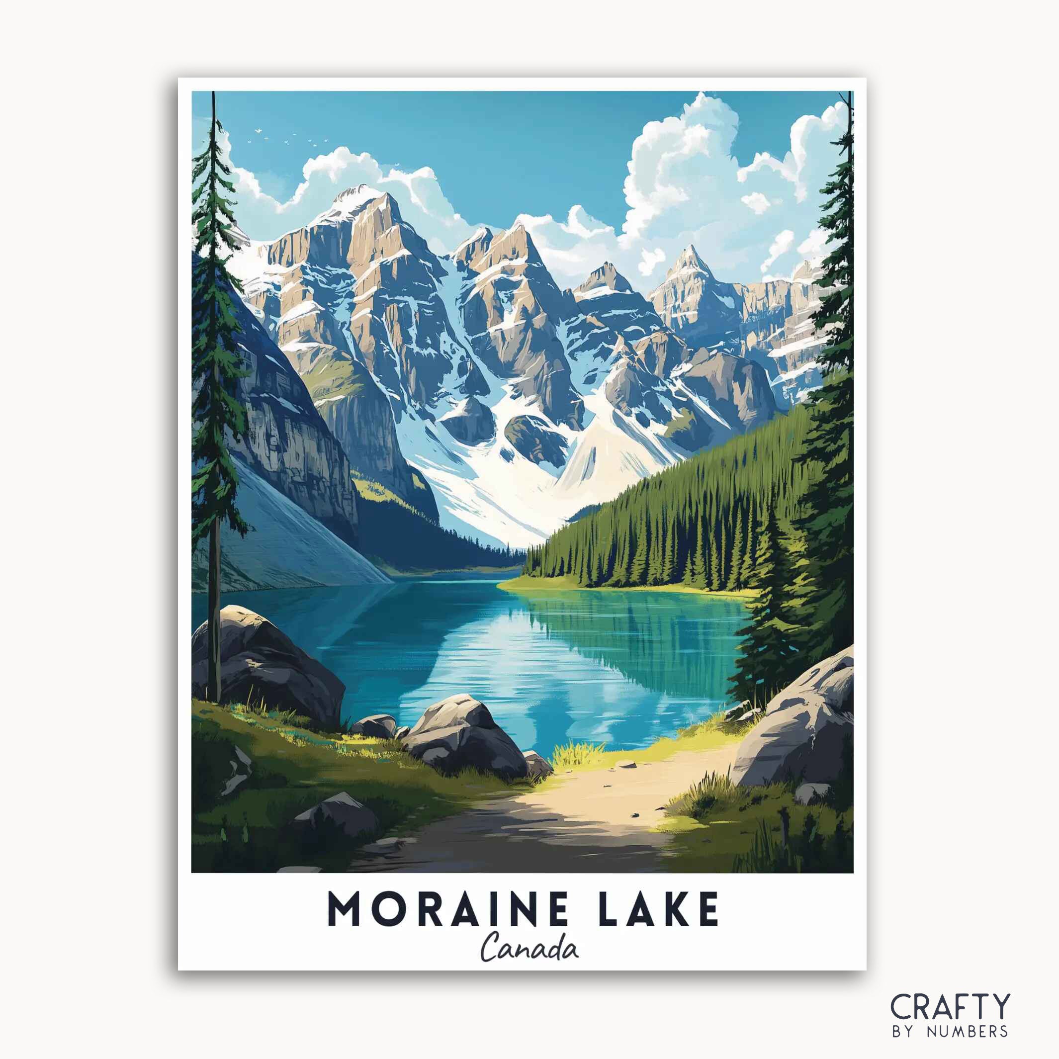 A travel poster depicting a scenic view of Moraine Lake with surrounding mountains and a clear sky.
