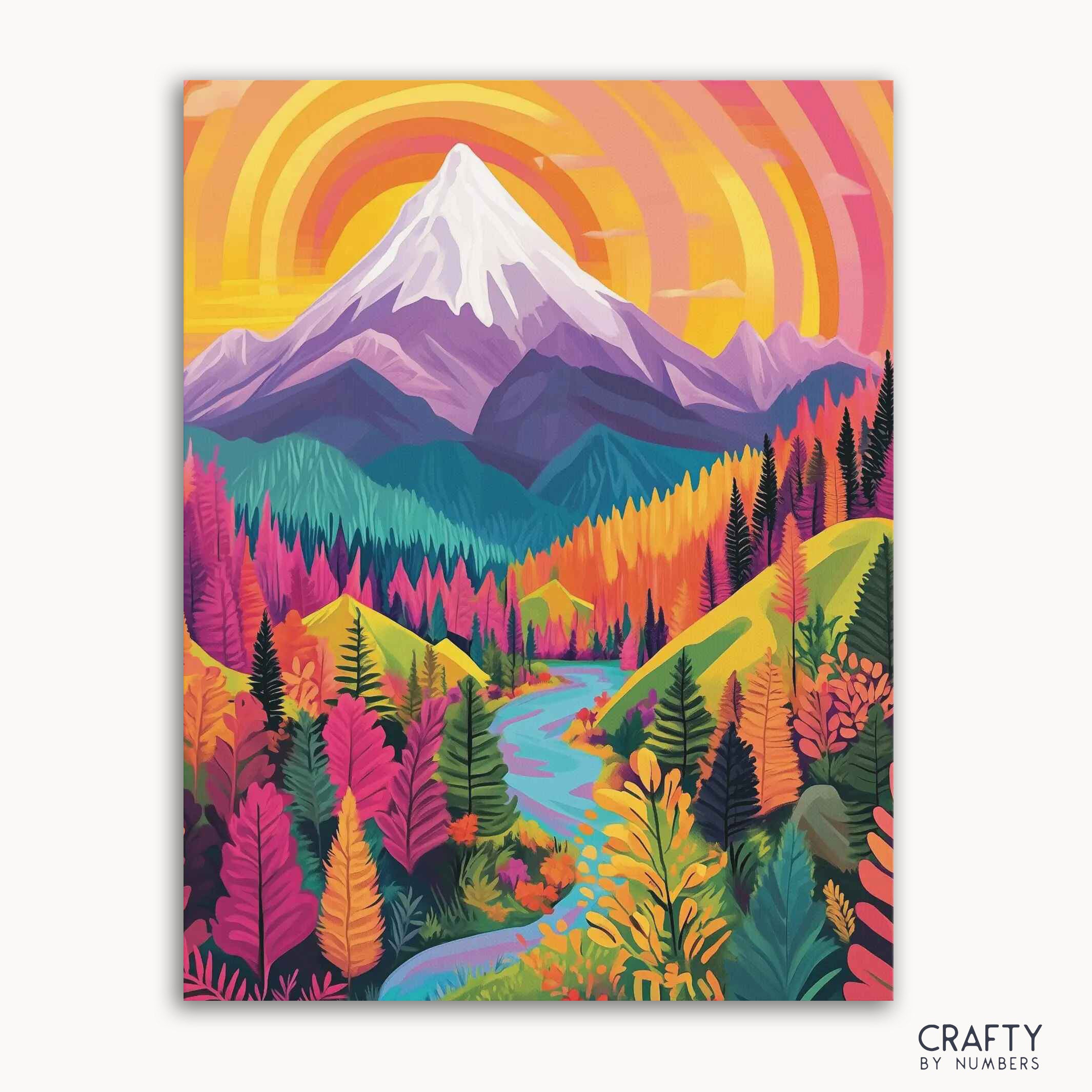 A paint-by-numbers kit depicting a vibrant mountain landscape with colorful trees and a mountain peak in the background.